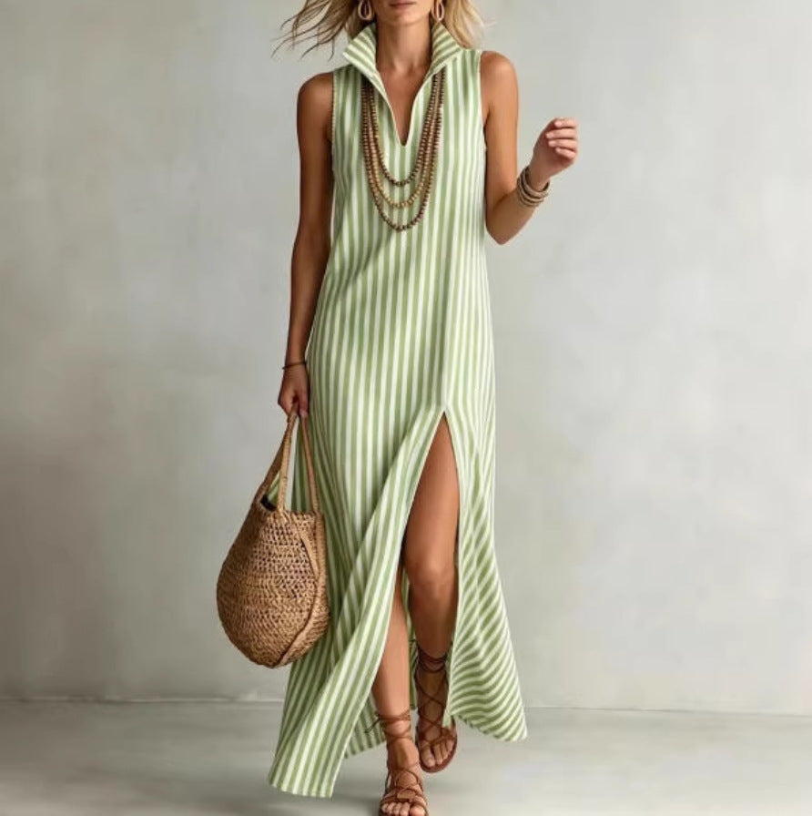 Women's Fashion Striped Stand Collar Sleeveless Split Cotton Dress