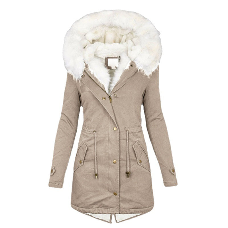 Women's Trench White Fur Collar Hood Warm Coats