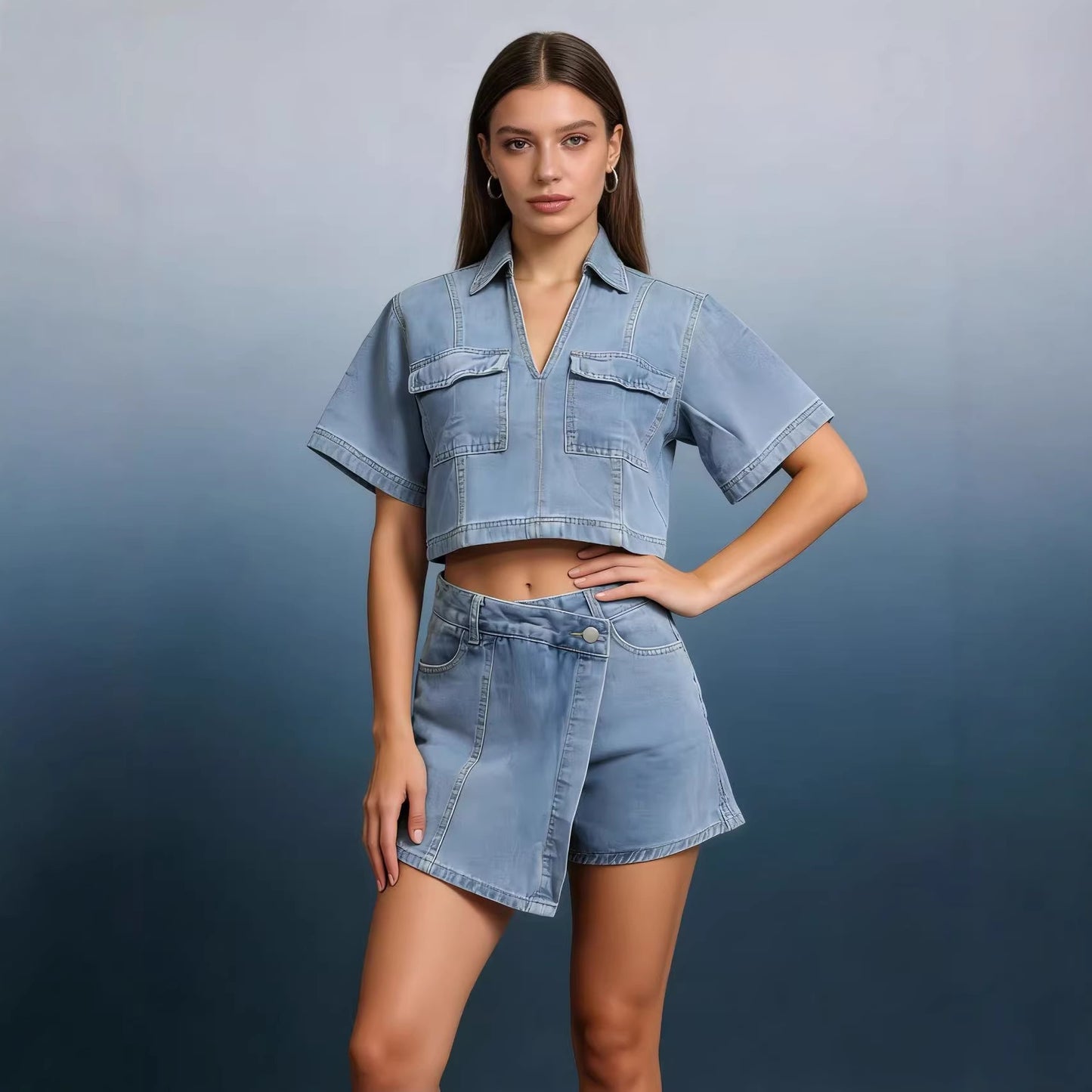 Women's Denim Culottes Summer Short-sleeved Hot High Suits