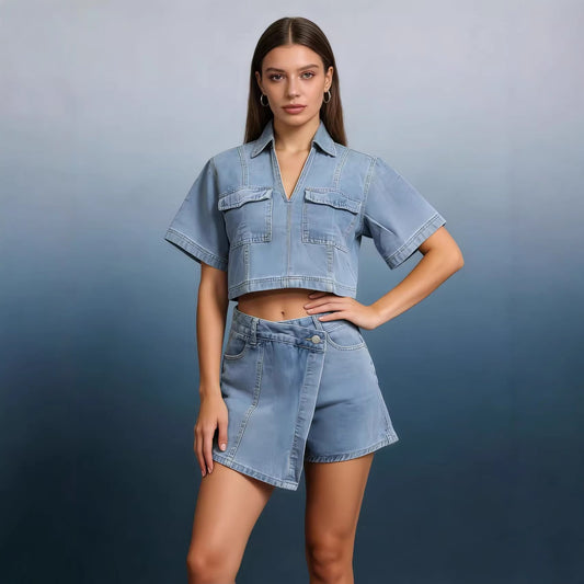 Women's Denim Culottes Summer Short-sleeved Hot High Suits