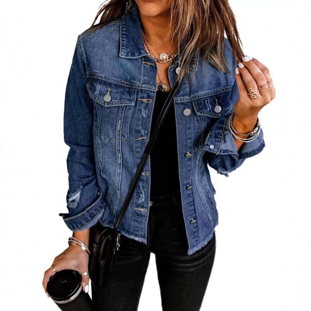 Women's Denim Washed Shabby Lapel Long Sleeve Tops