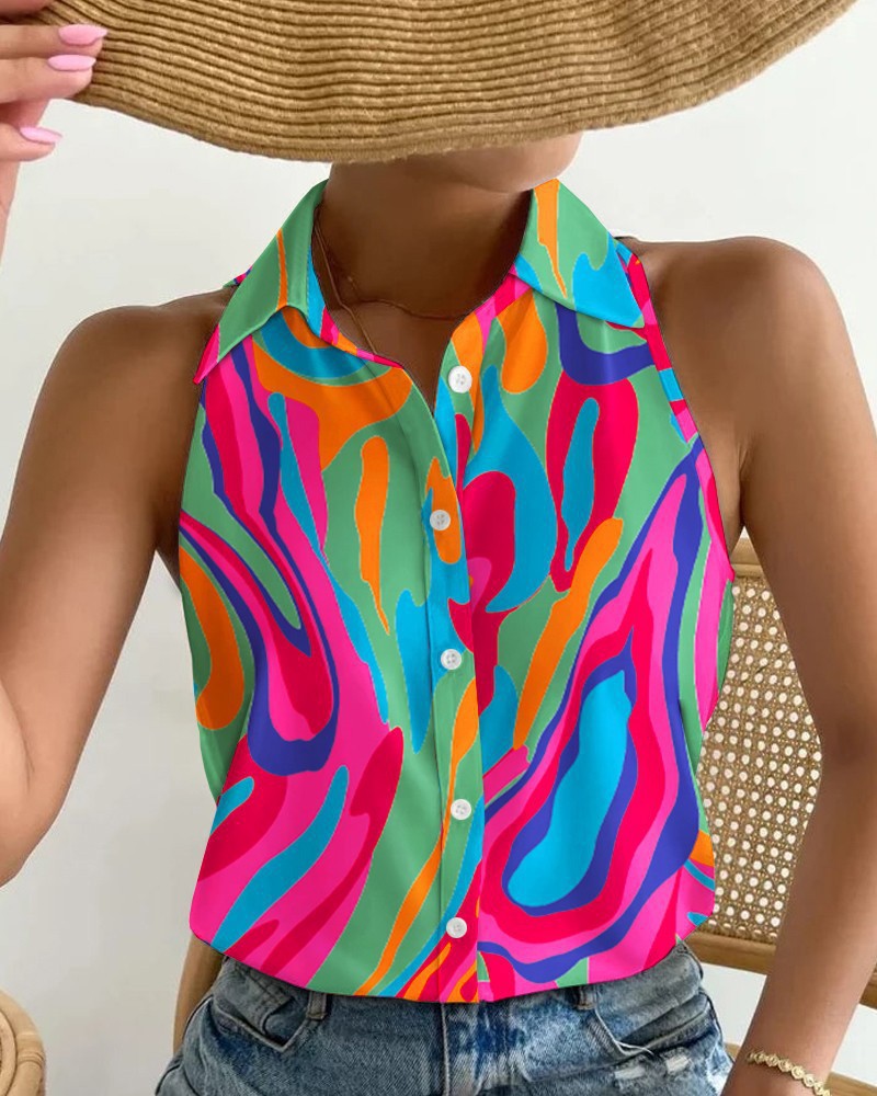 Women's Summer Casual Fashion Sleeveless Printed Shirt Blouses