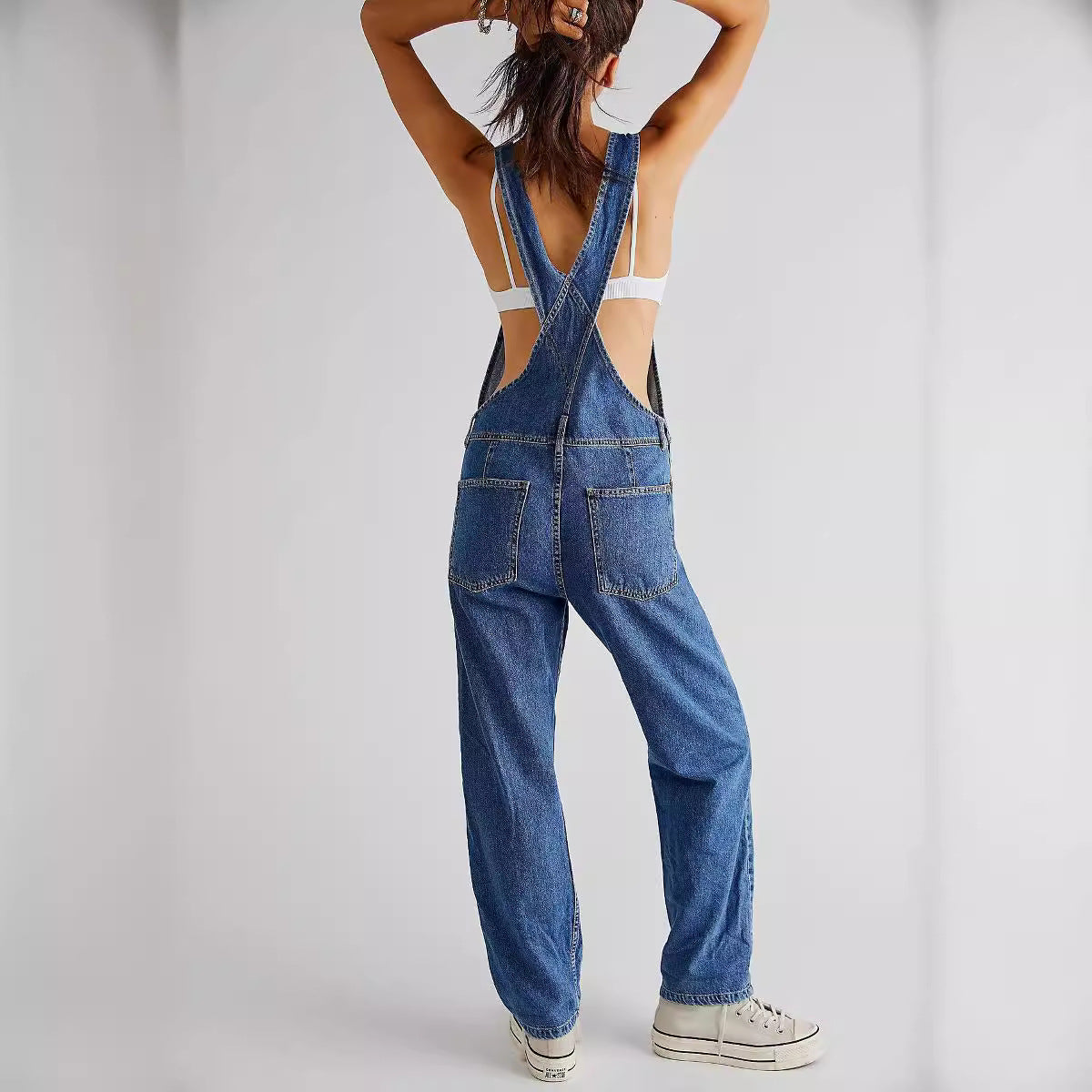 Women's Leisure Washed-out Loose Denim Suspender Jeans