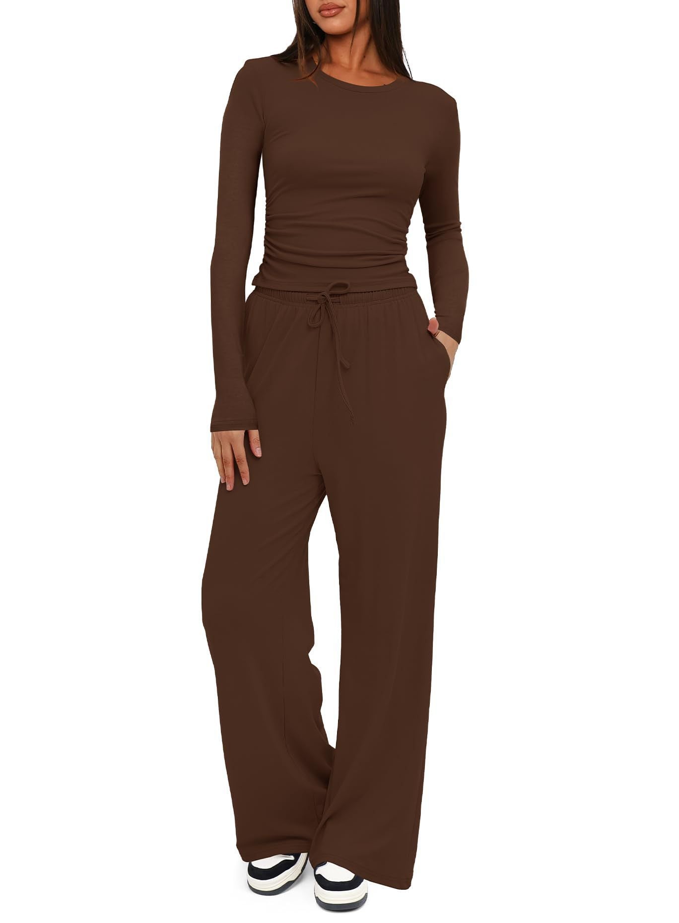 Solid Color Long Sleeves Outfit High Waist Wide Leg Tops