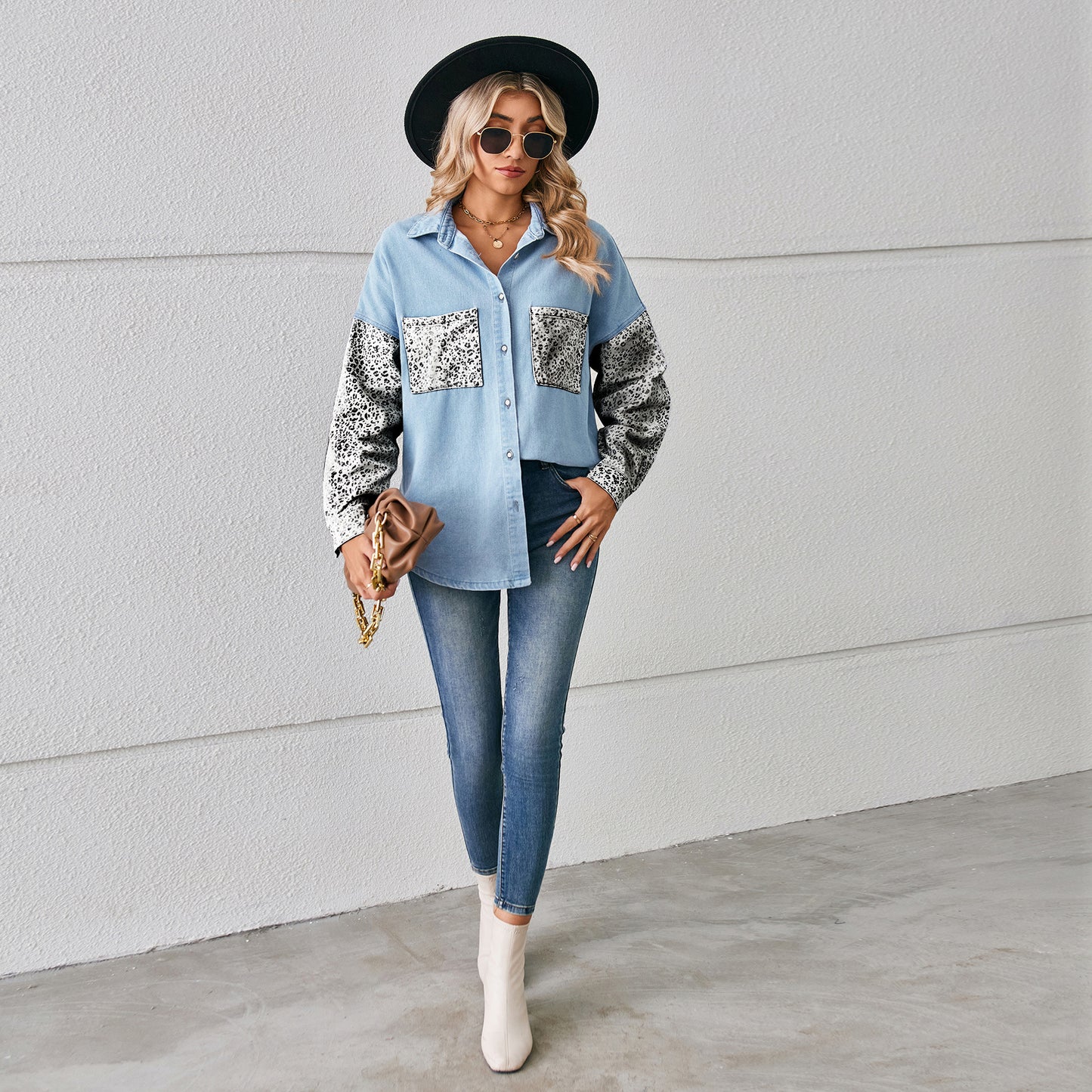 Loose Leopard Print Stitching Denim Shirt Long Blouses