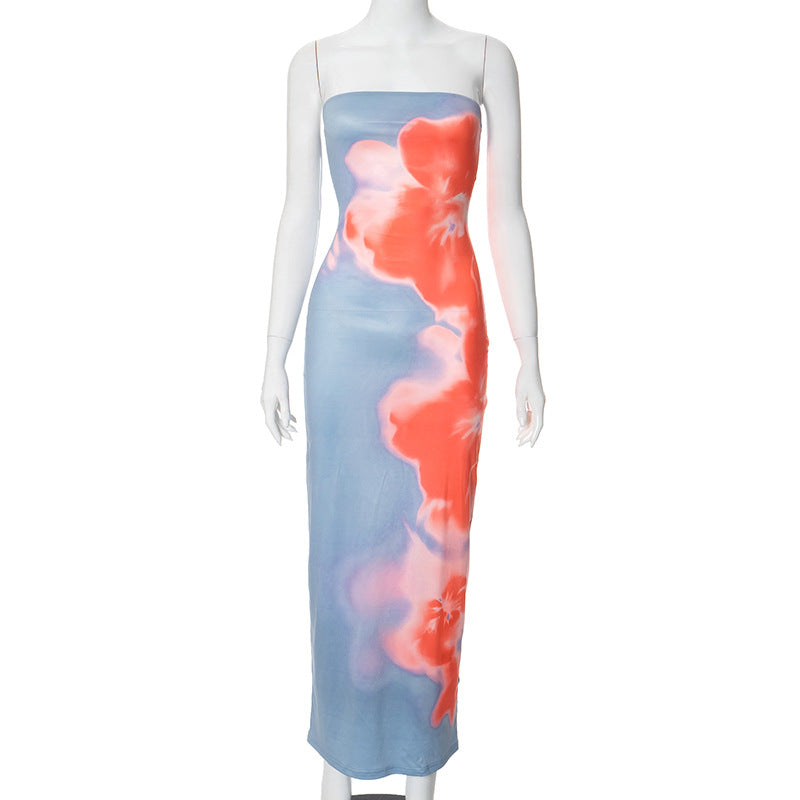 Summer High Sense Printing Color Contrast Tight Dresses