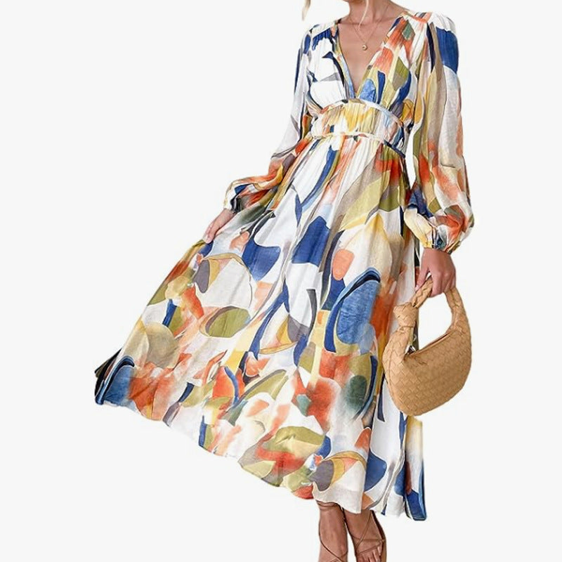 Women's Style Deep V Printed High Waist Casual Long Dresses