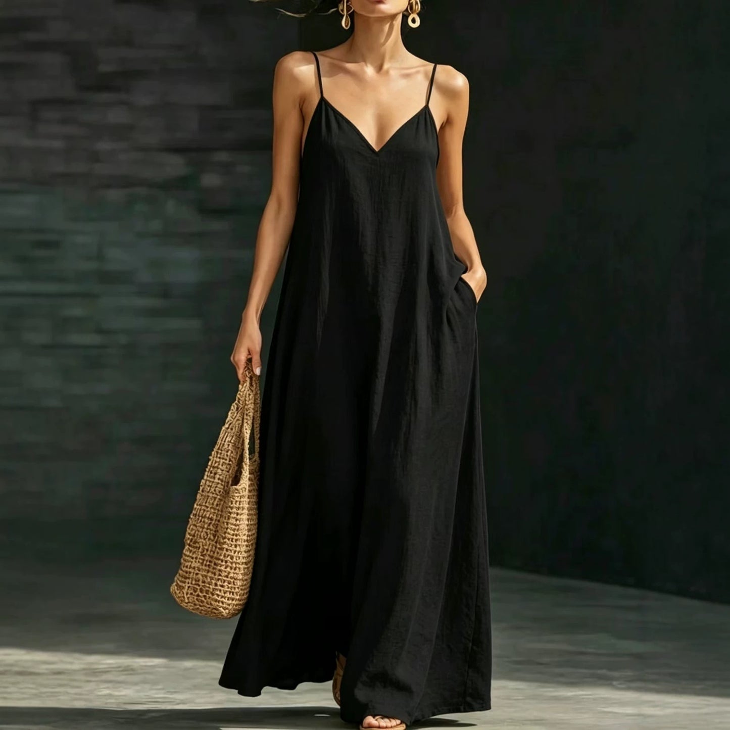 Women's Summer Strap Long Casual Fashion Large Swing Solid Color Dress