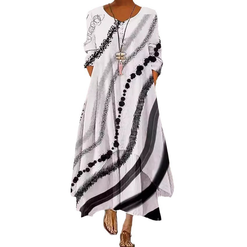Women's Popular Printed Long-sleeved Hem Irregular Long Dress