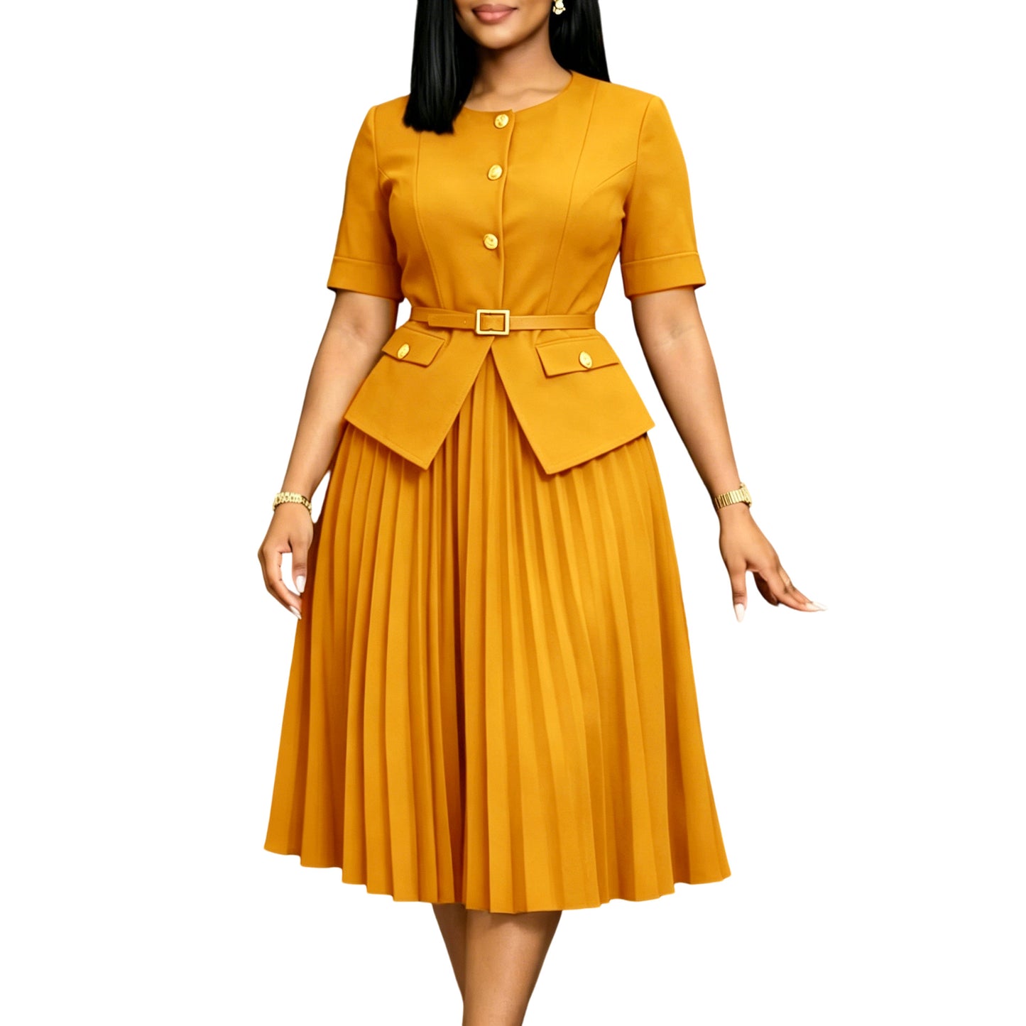 Women's African Summer Round Neck Stitching Pleated Fake Plus Size