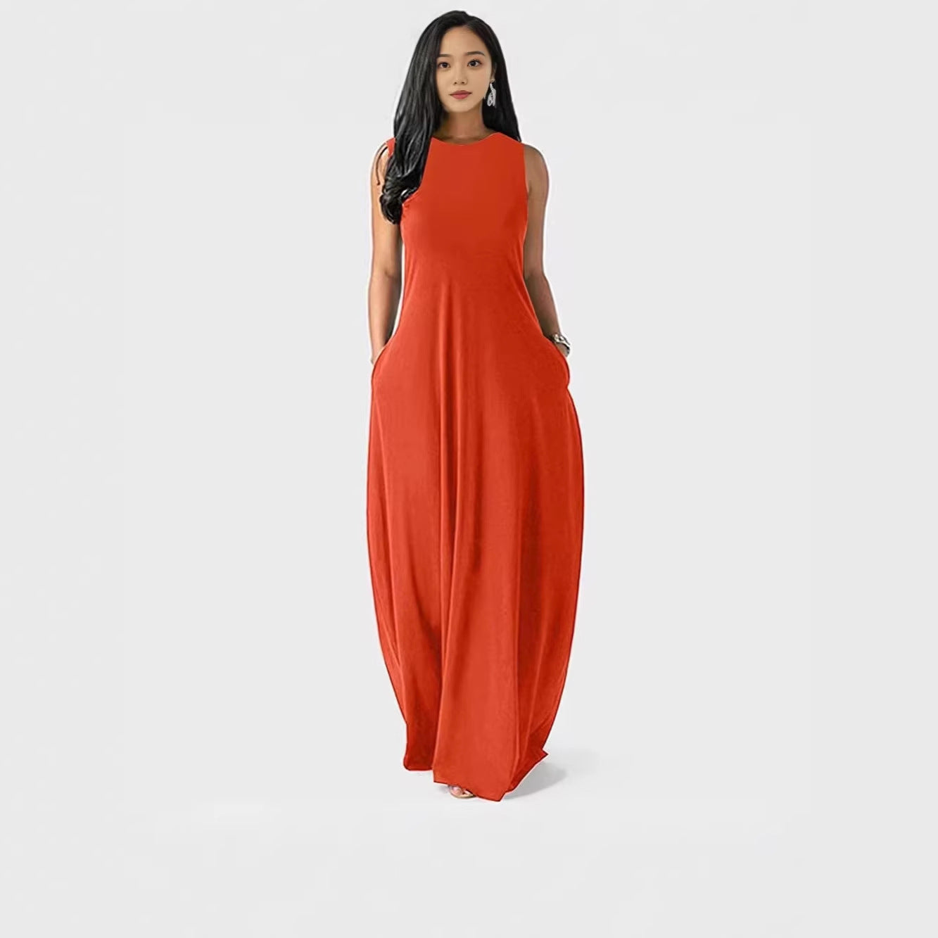 Summer Solid Color Round Neck Casual Dress