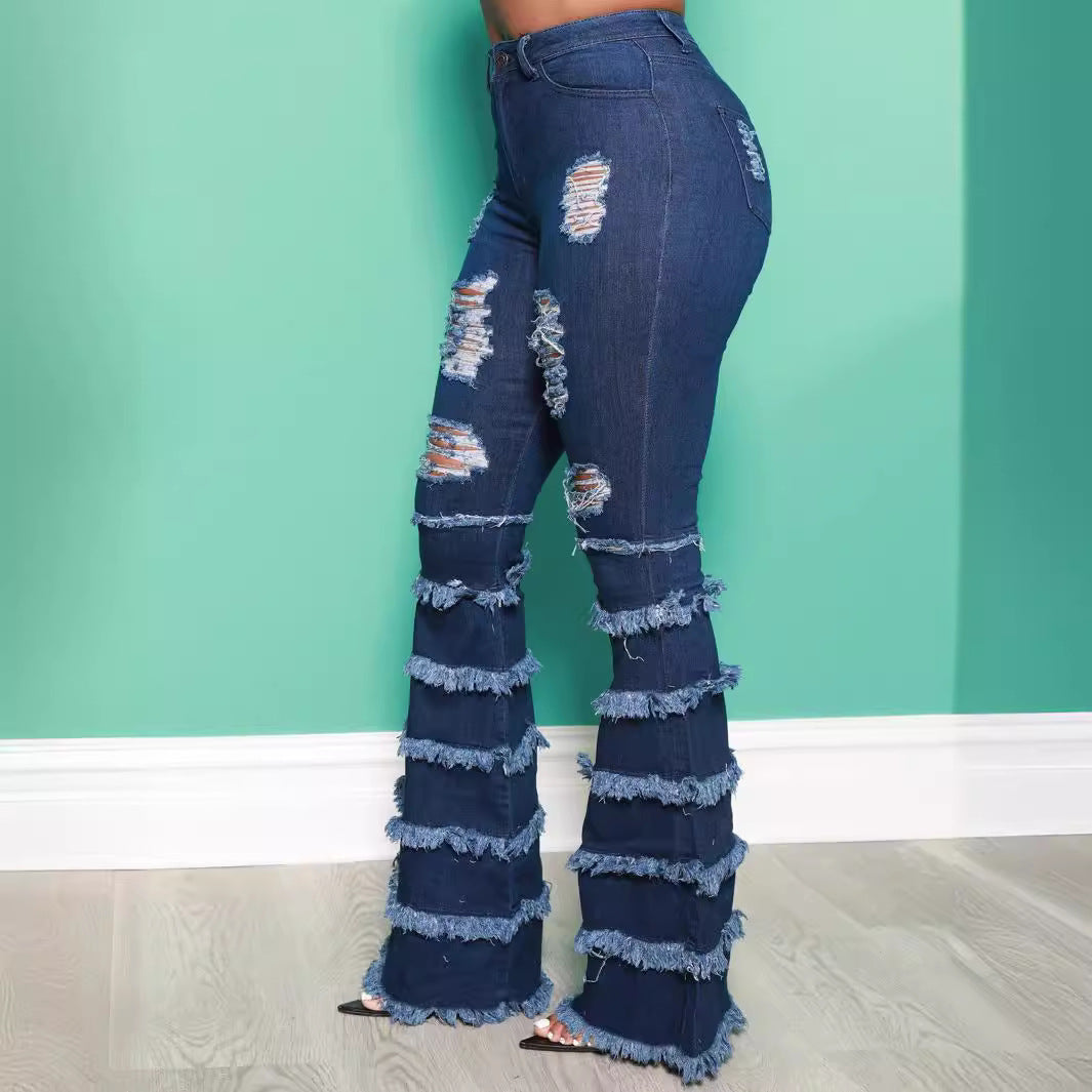 Women's Ripped Patchwork Retro Raw Hem Bell-bottom Jeans