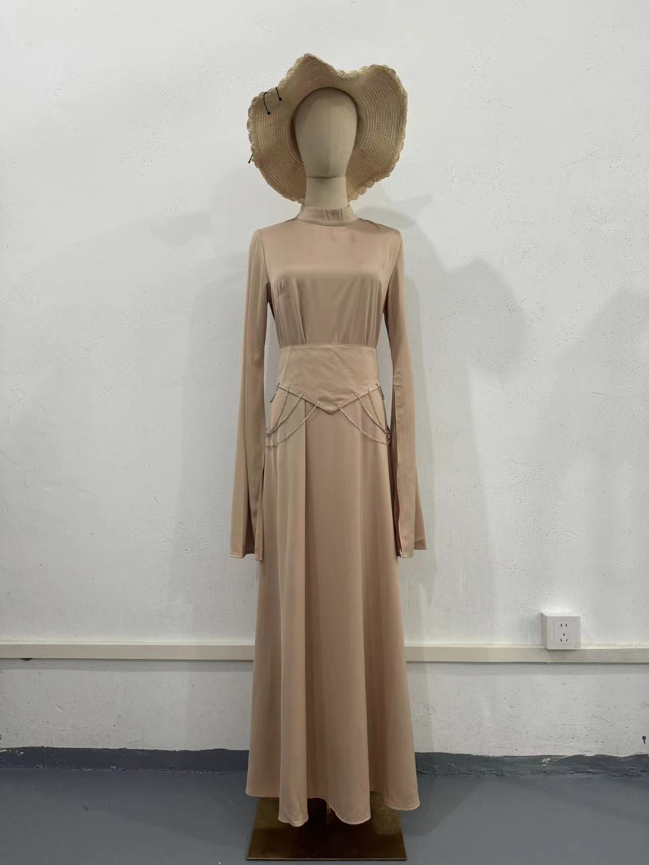 Spring Palace Style Satin Temperament Collar Long Dresses