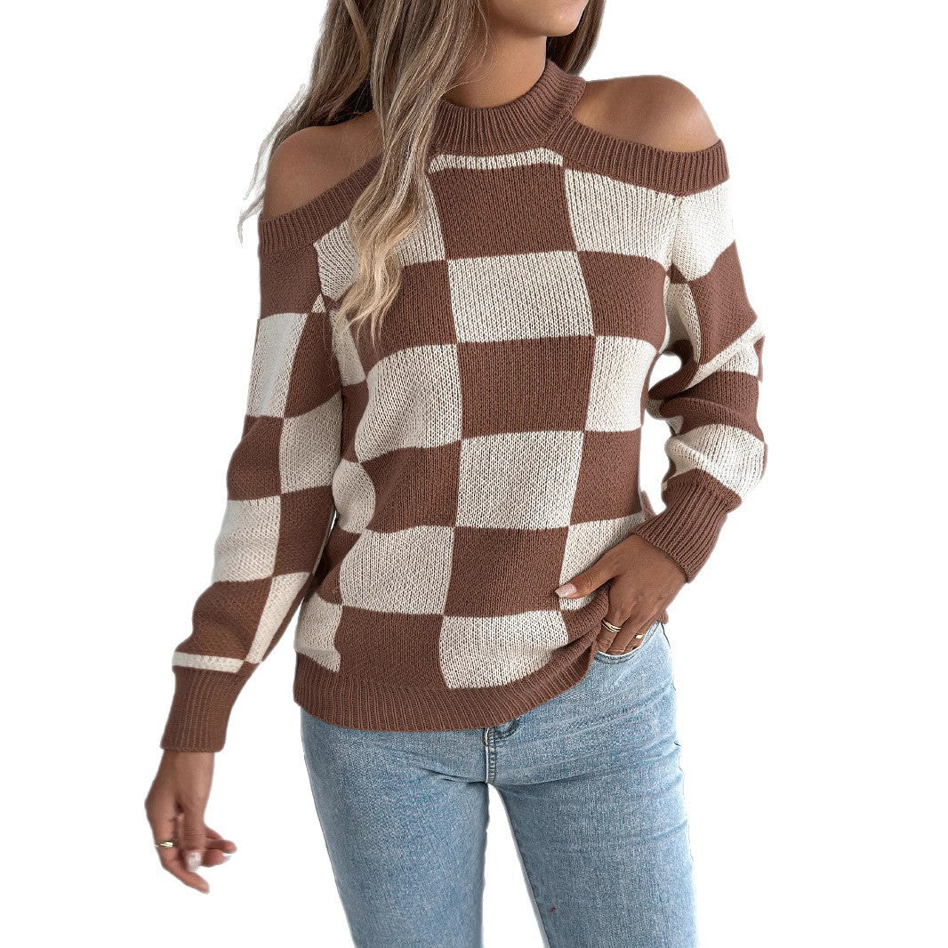 Women's Casual Contrast Color Plaid Lantern Long Sweater