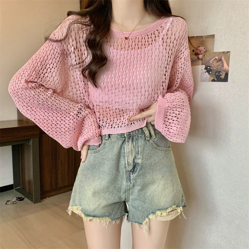 Women's Cutout Summer Tulle Mesh Candy Color Sweet Round Women's Sweater