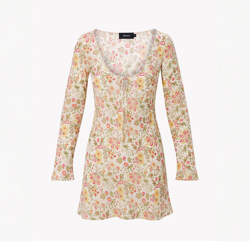Long Sleeve Floral Silk Diagonal Cut French Shorts