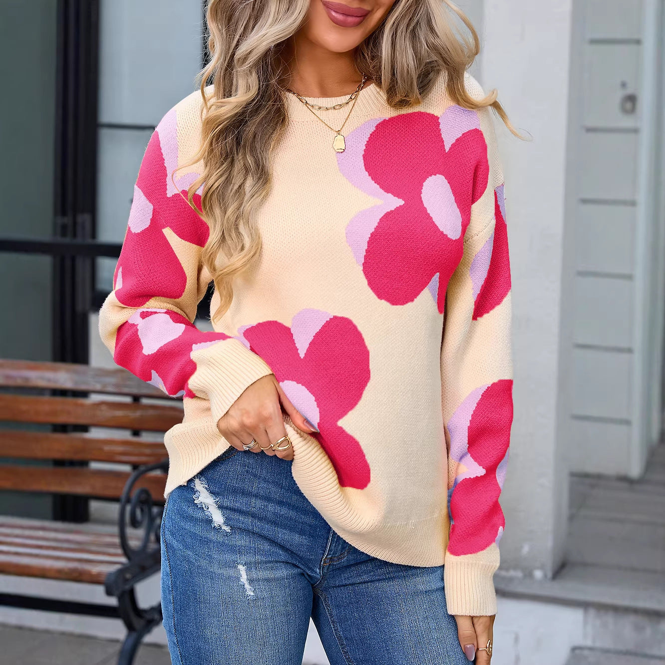 Women's Spring Printed Round Neck Fashion Large Sweaters