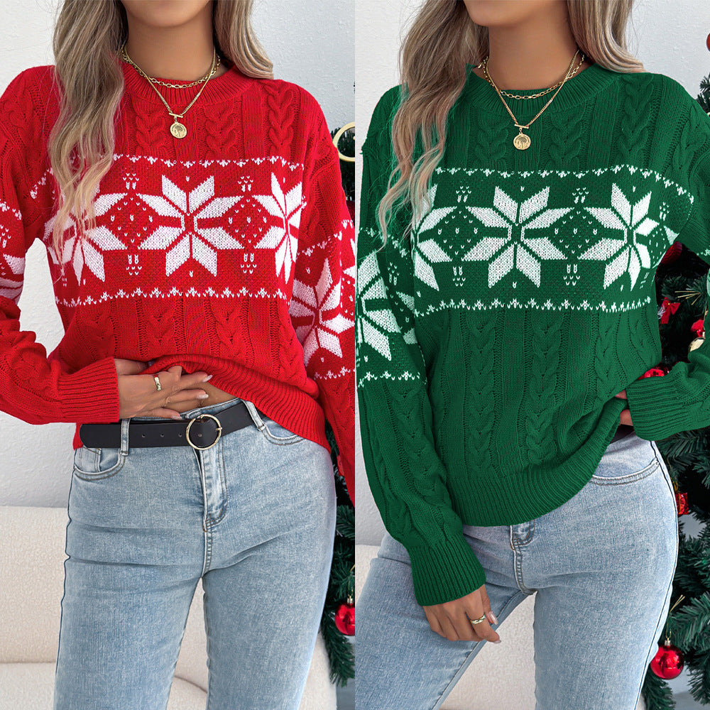 Women's Snowflake Pattern Lantern Long Sleeve Pullover Sweater