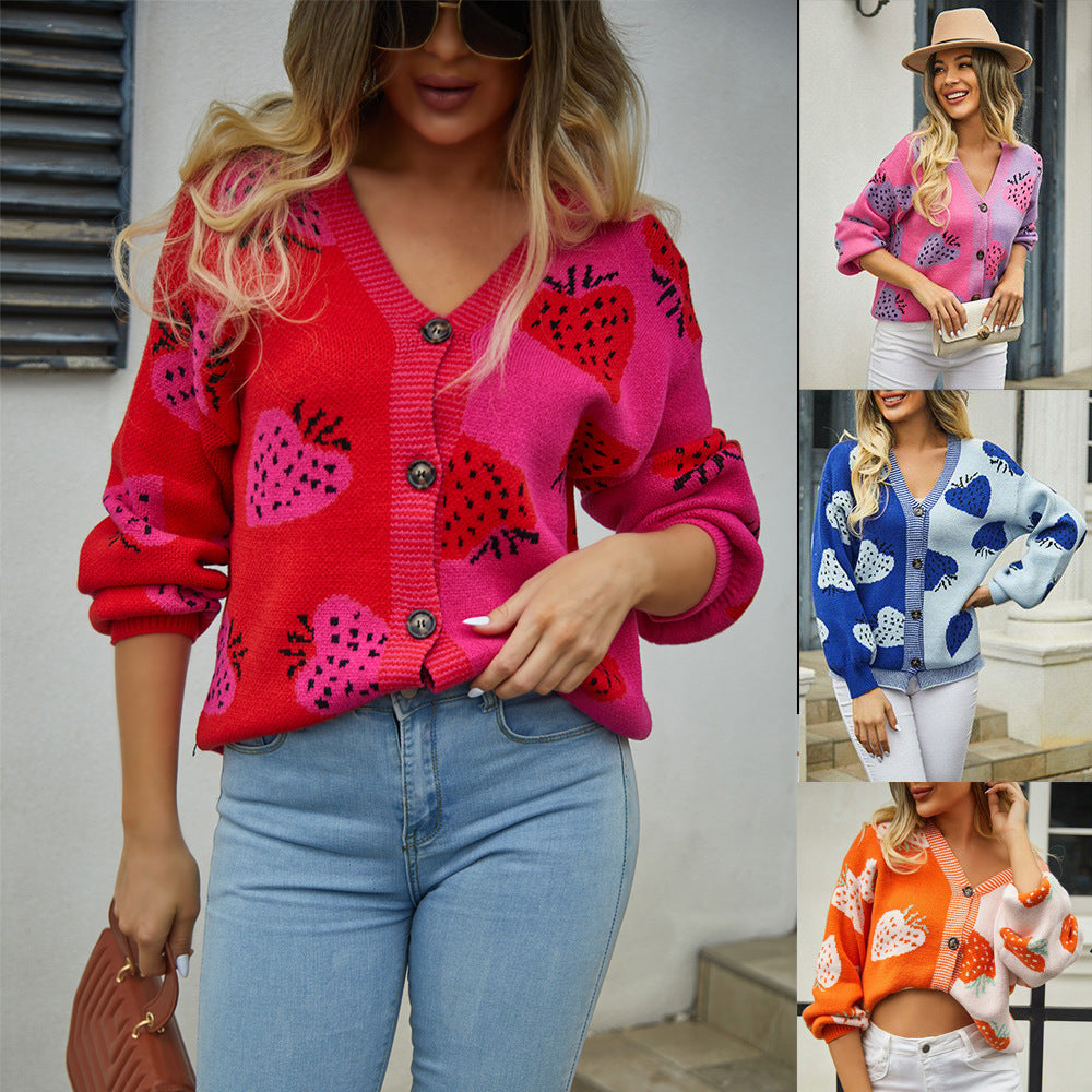 Pretty Attractive Women's Spring Buttons Strawberry Sweaters