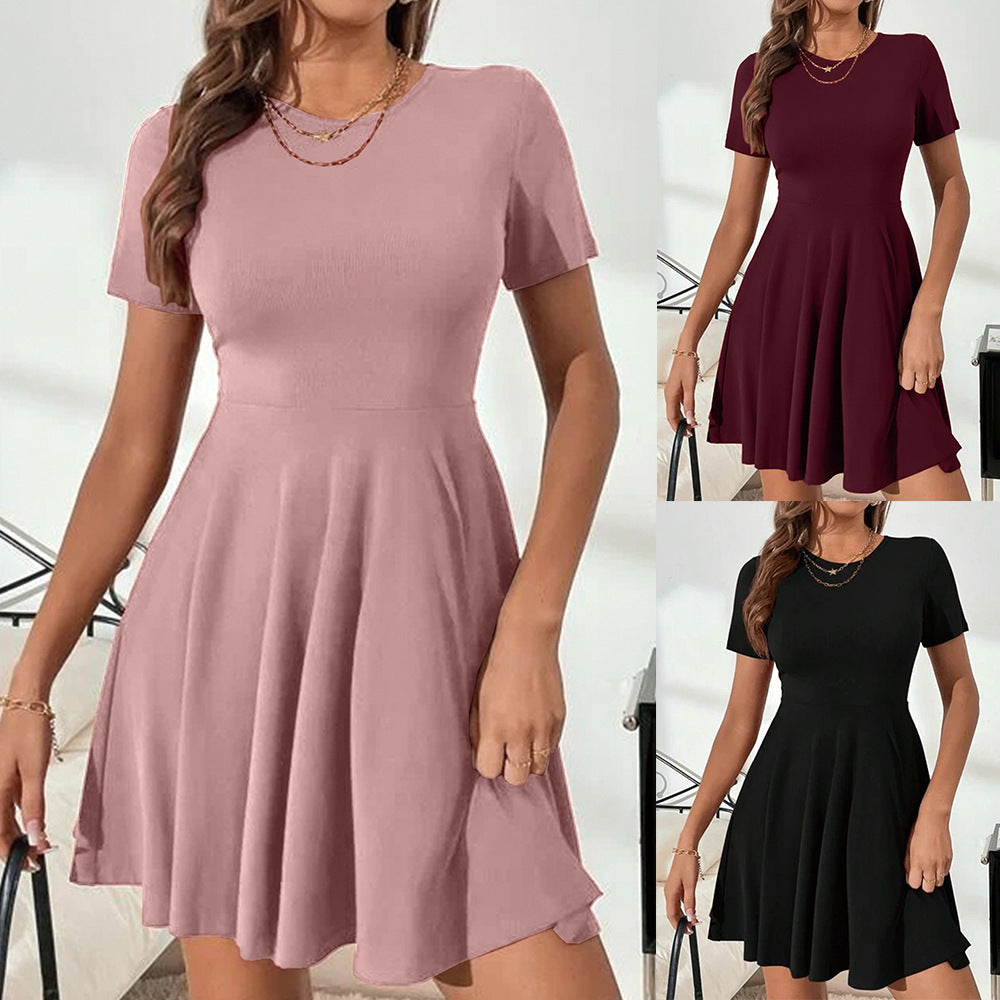 Women's Color Rib Fabric Stitching Casual Fashion Round Neck Dress