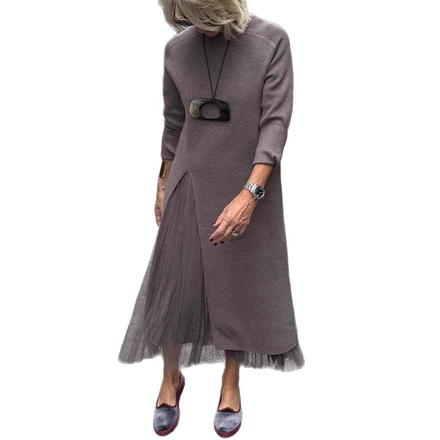 Women's Round Neck Knitted Slit Stitching Mesh Dress