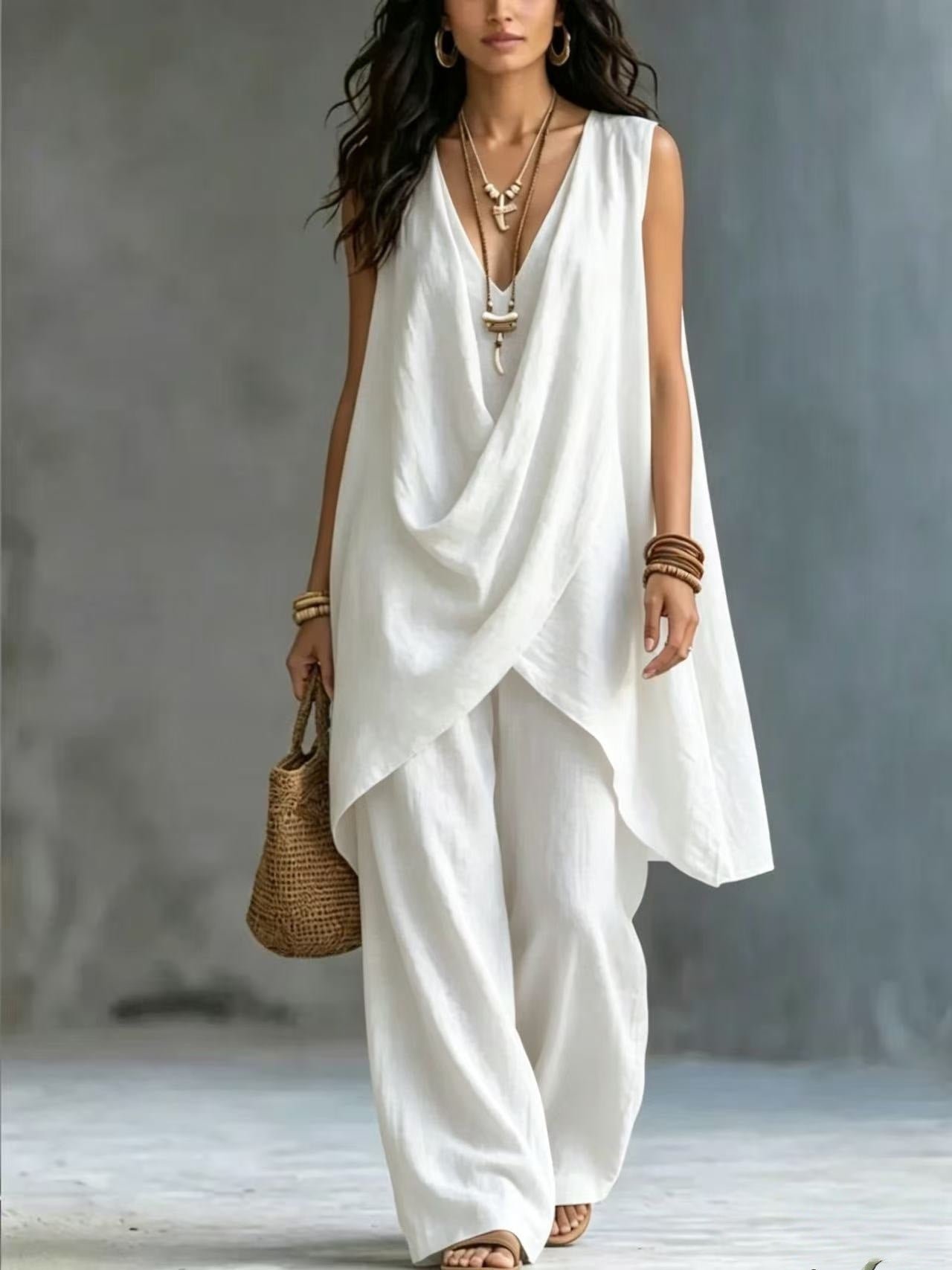 Women's Sleeveless Stand Collar Solid Color Loose Temperament Cotton Fashion Casual Suit