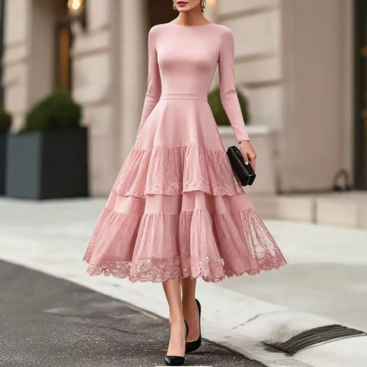 Women's French Style Elegant Hepburn Long Sleeve Mesh Stitching High-grade Dress