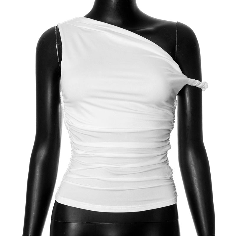 Women's Solid Color Diagonal Collar Pleated Asymmetric Tops