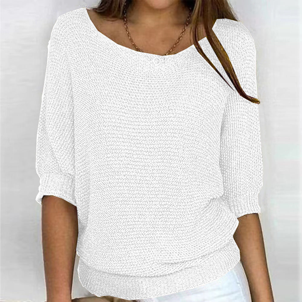 Women's Color Round Neck Commuter Elegant Cropped Sleeves For Air Conditioned Women's Sweater