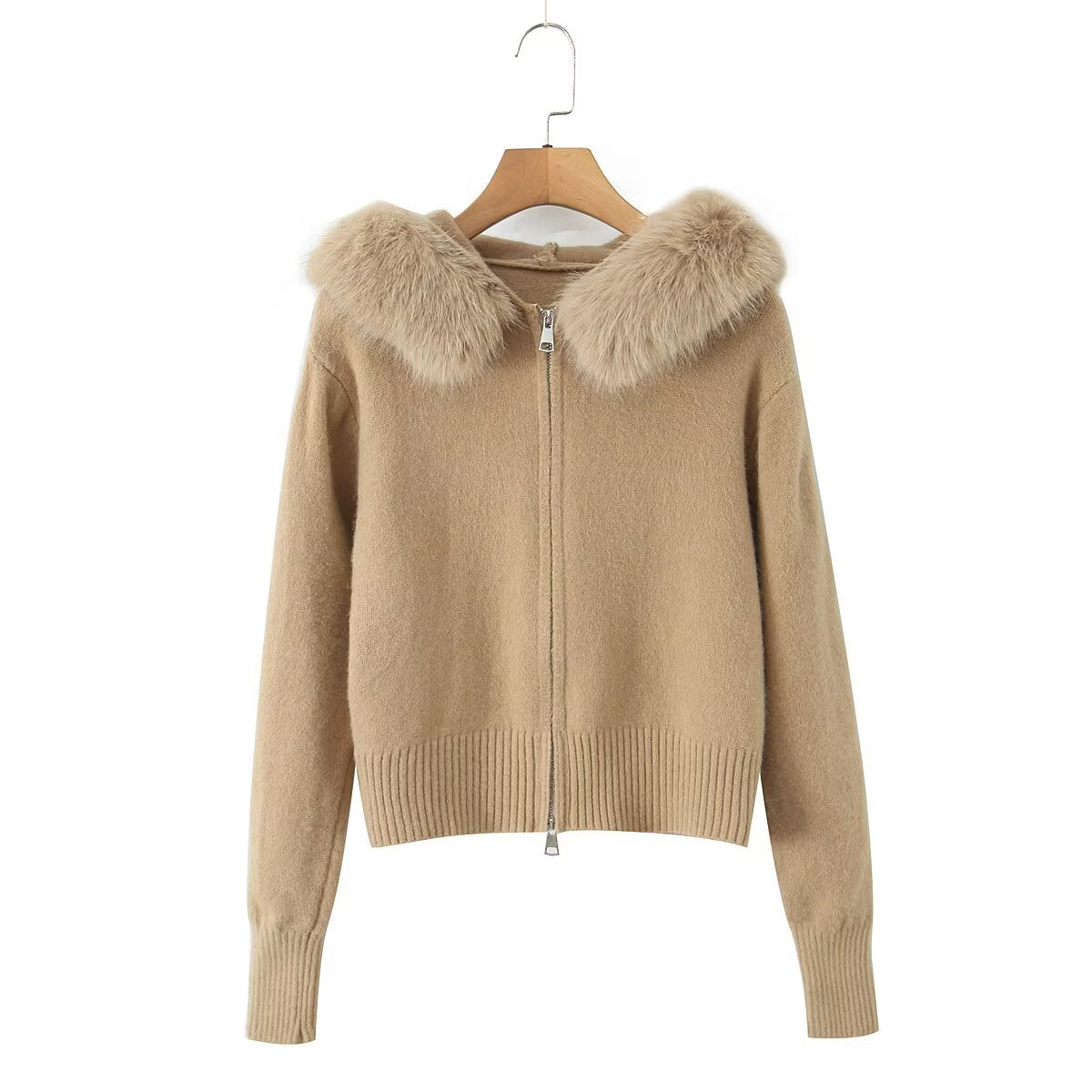 Women's Fake Fur Collar Hooded Long-sleeved Zipper Sweaters