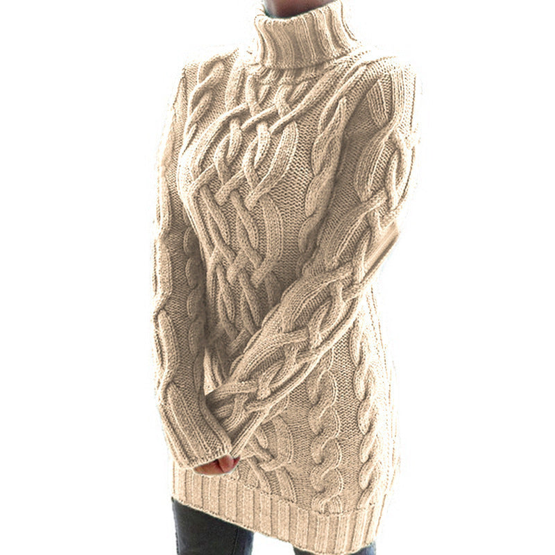 Long Sleeve Slim Knit Dress Solid Color High Neck Thickened Sweater