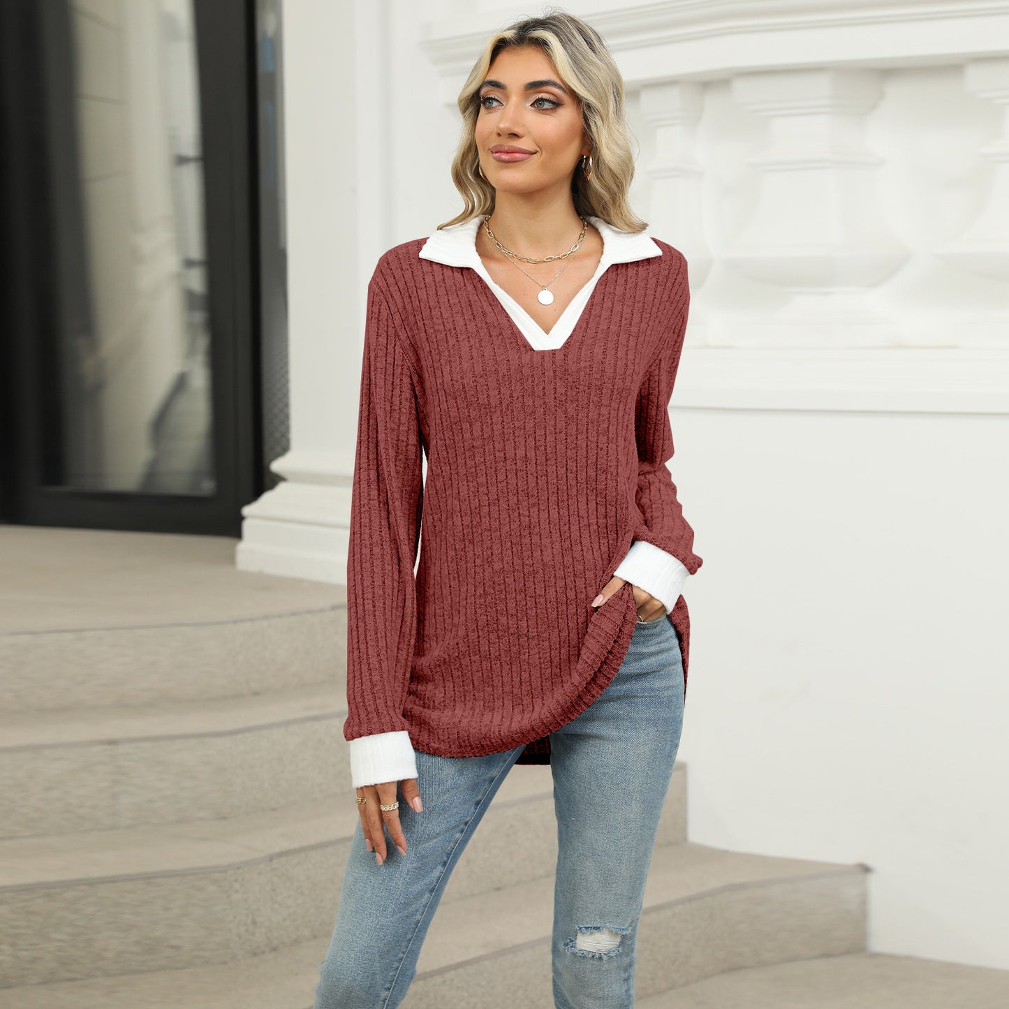 Women's Contrast Color Lapels Long Sleeve Loose-fitting Blouses