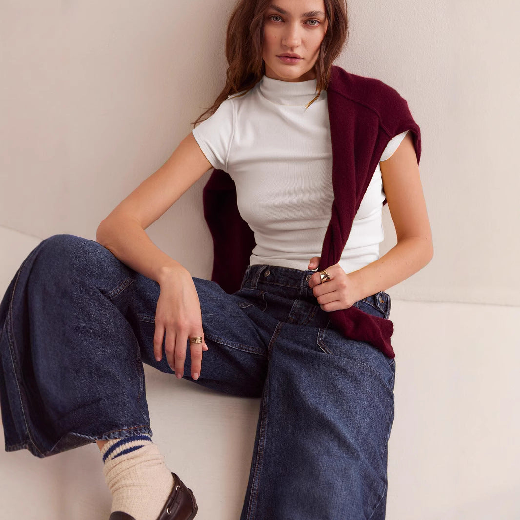 Solid Color Fashion Elegant Half Turtleneck Blouses