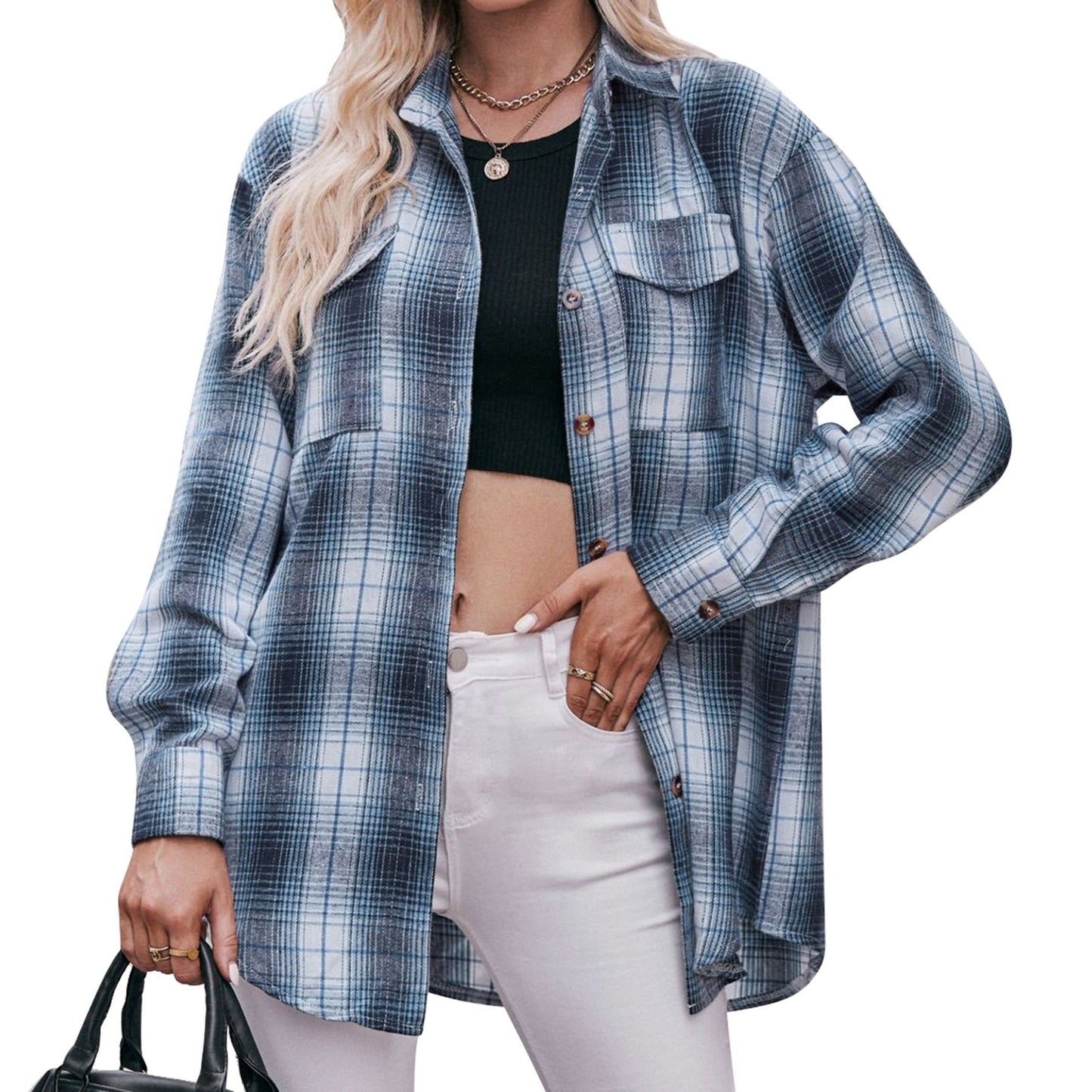 Women's Casual Fashion Loose Plaid Shirt Blouses