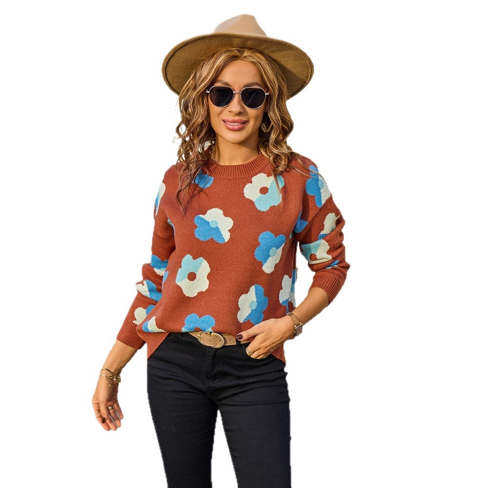 Women's Large Flower Color Matching Long Sleeve Round Neck Fashion Sweaters