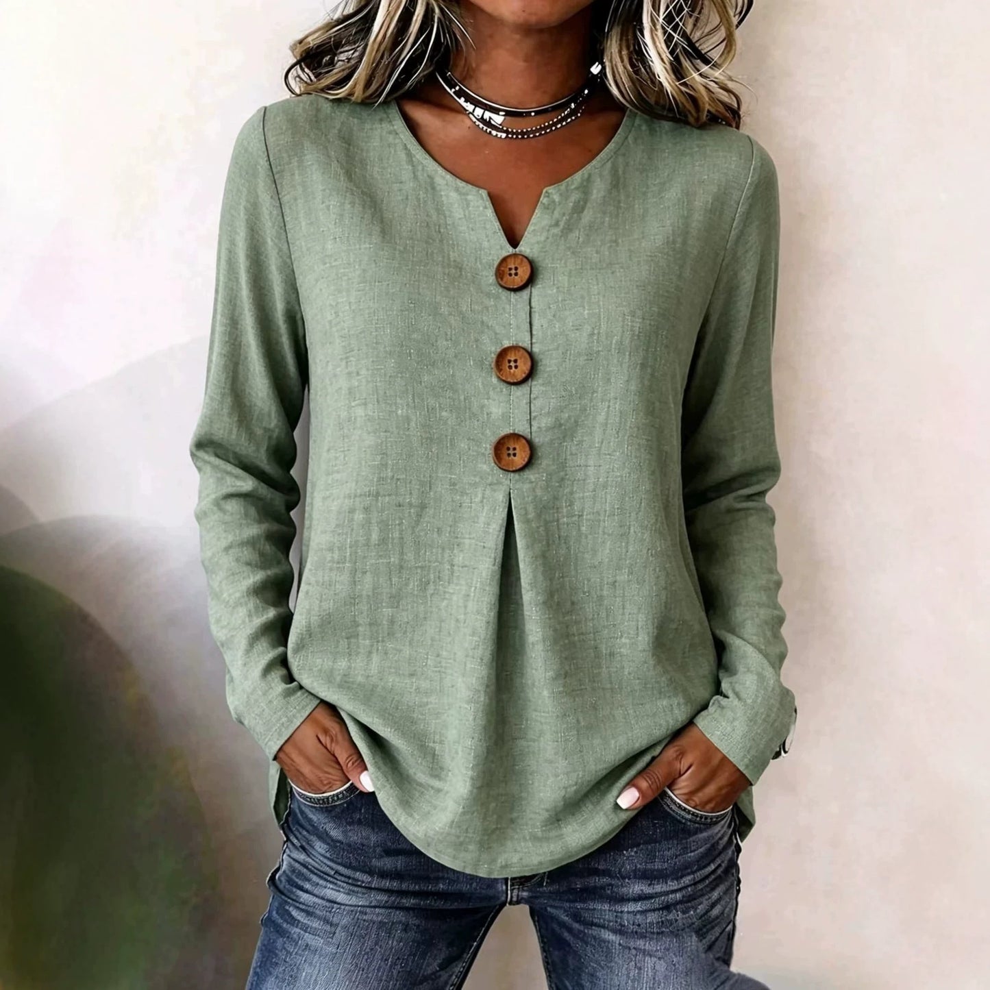 Women's Autumn Loose Solid Color Button Pleating Tops