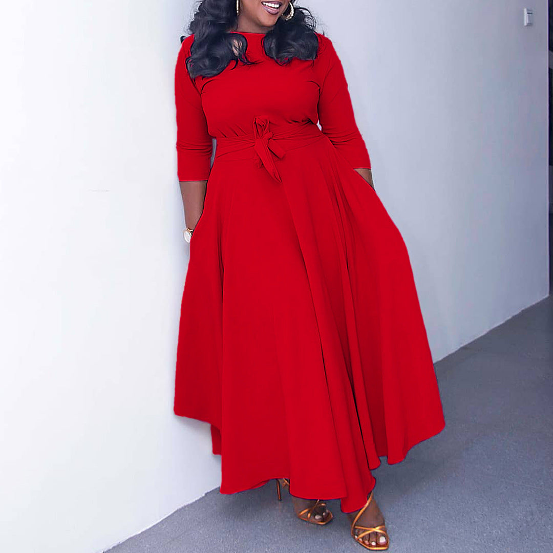 Women's Fashion Temperament Pure Color Large Swing Dress