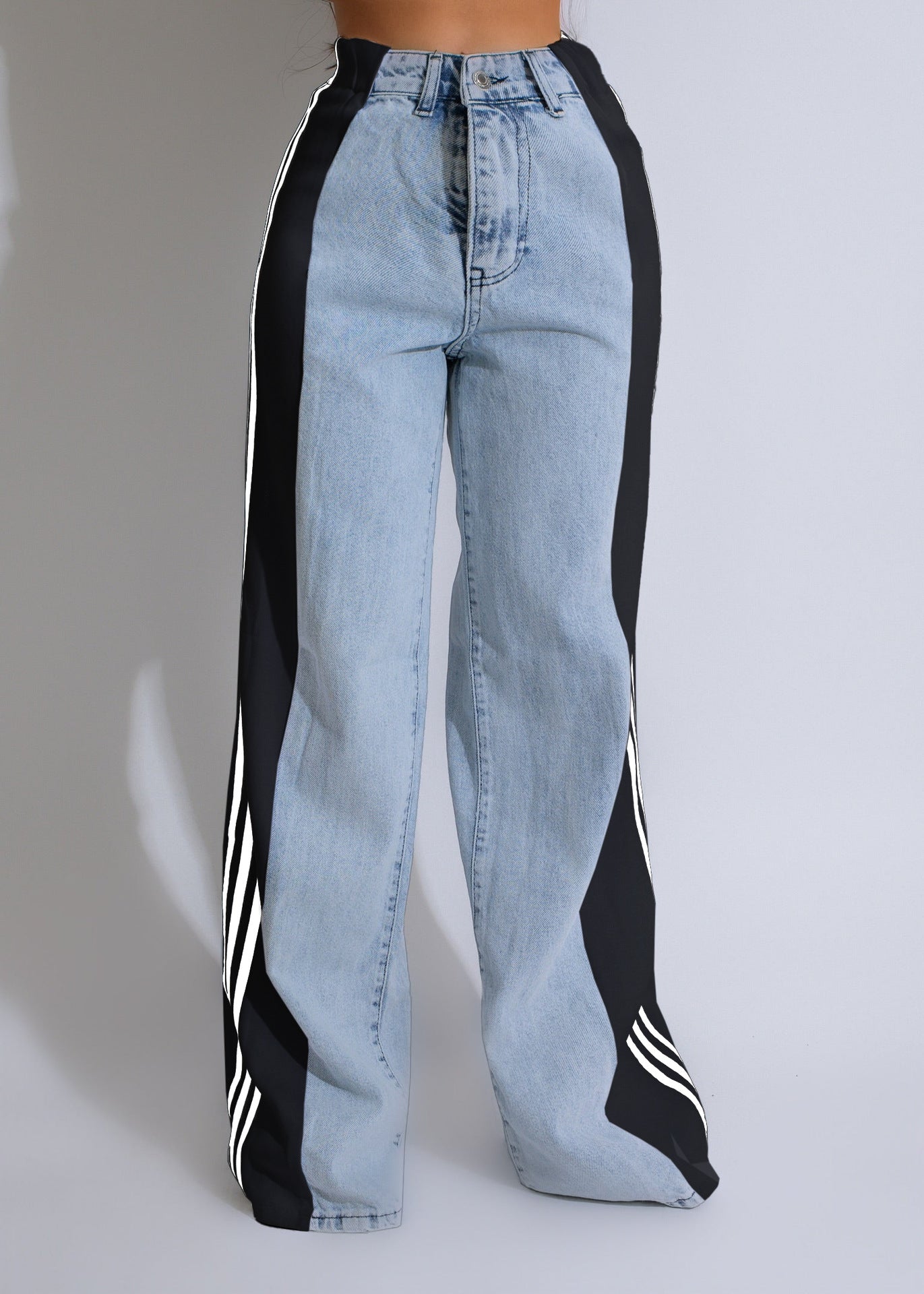 Women's Striped Wide Leg Denim Trousers Casual Jeans