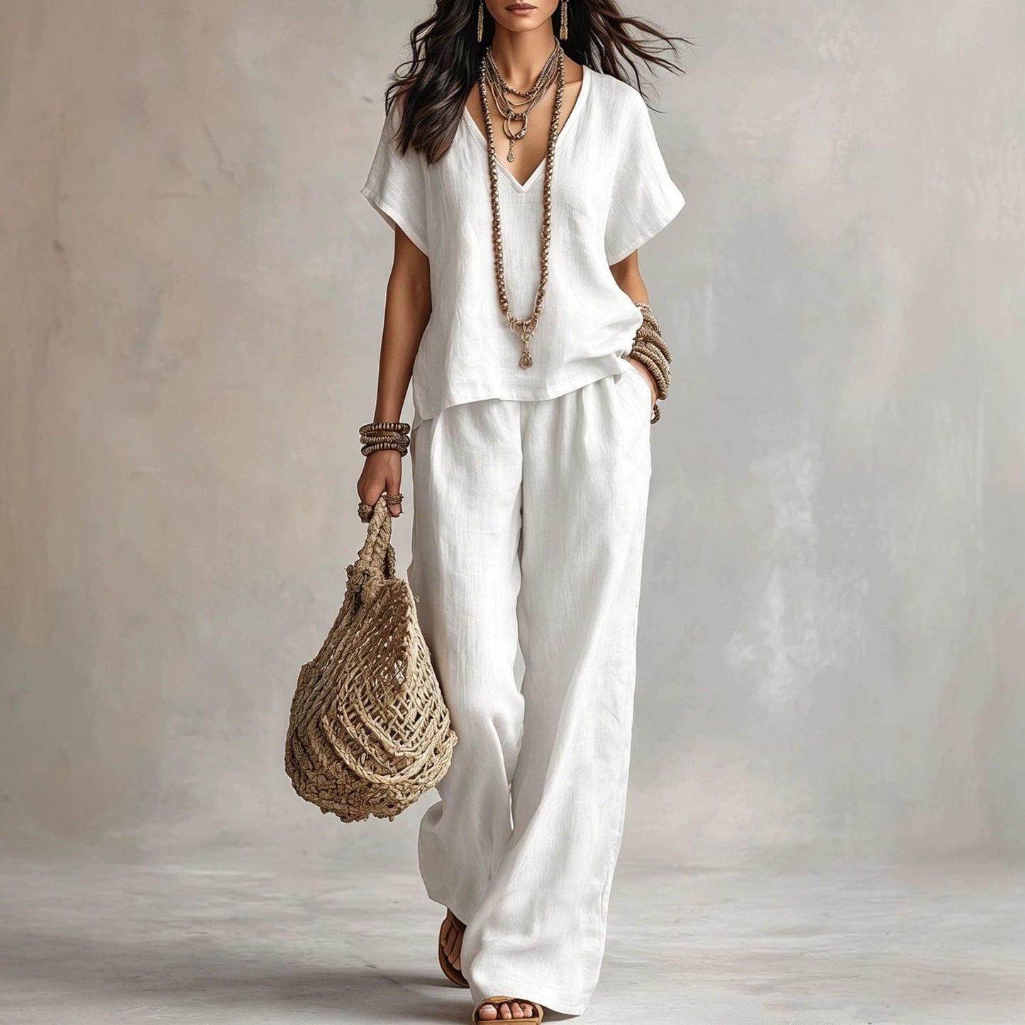 Women's Solid Color Loose Short-sleeved Trousers Two-piece Suits