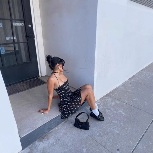 Women's Fashion Sexy Backless Polka Dot Halter Dresses