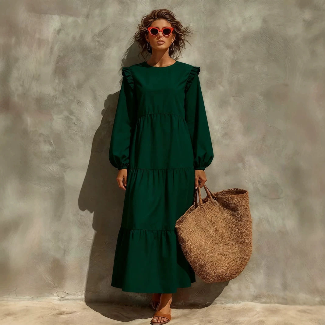 Neck Casual Loose Long Sleeve Solid Dress
