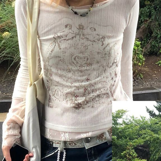 Totem Print Stitching Lace Sense Long Blouses