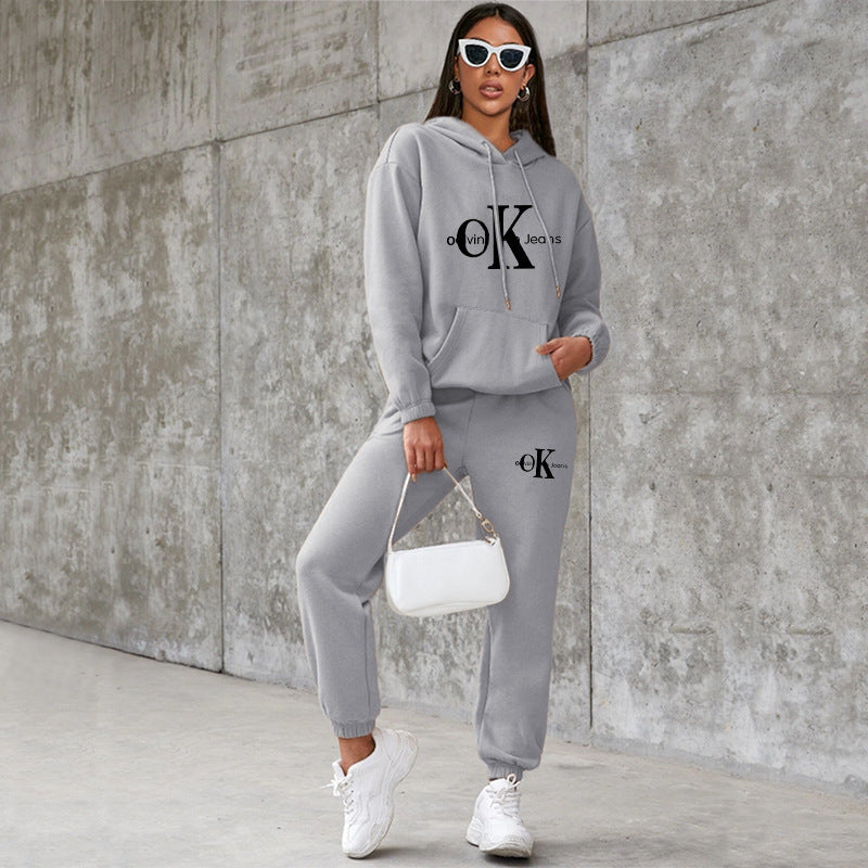 Women's American Style Loose Hooded Printed Veet Padded Fashion Casual Suit