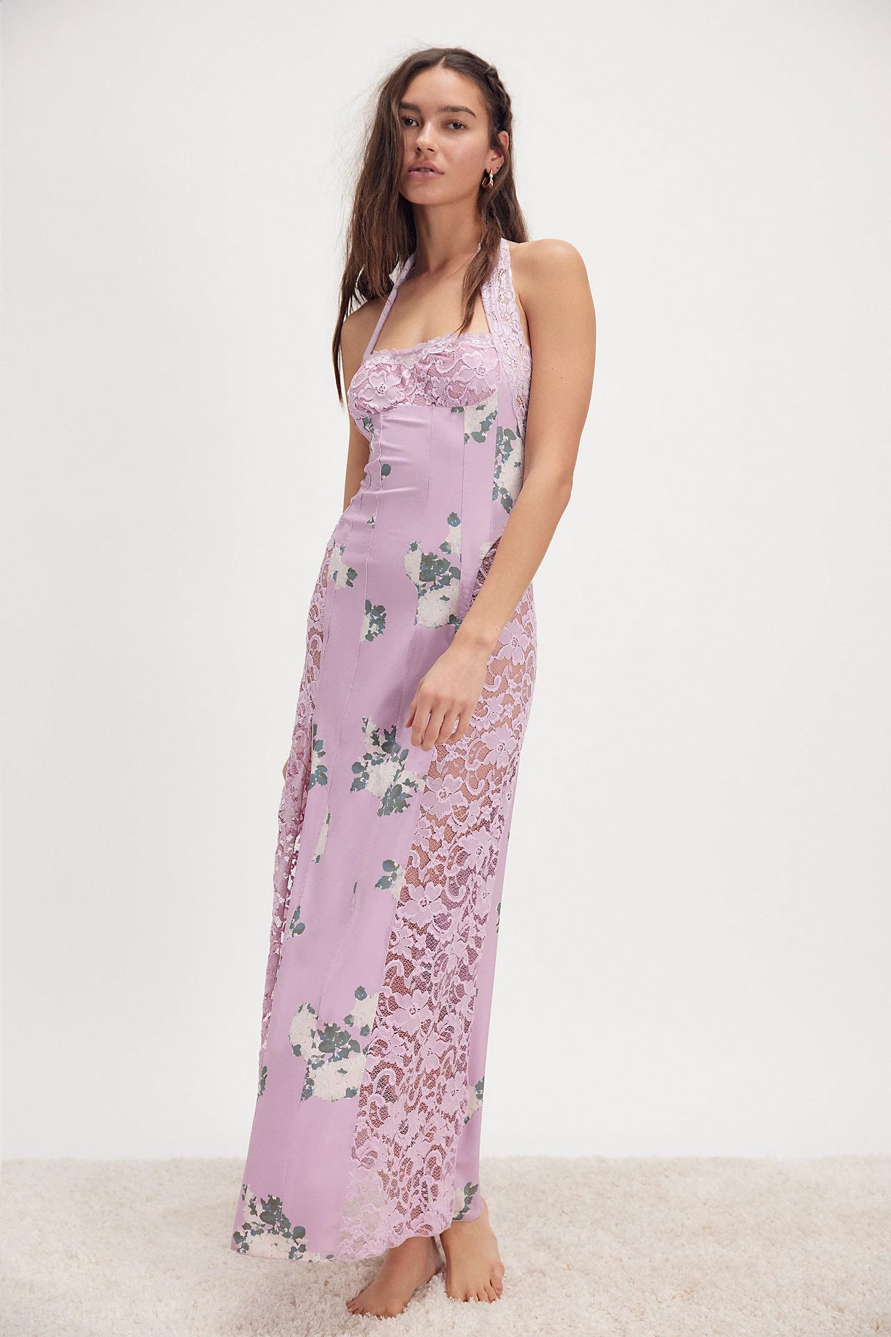 Women's Lace Backless Shoulder Strap Stitching Slit Dress
