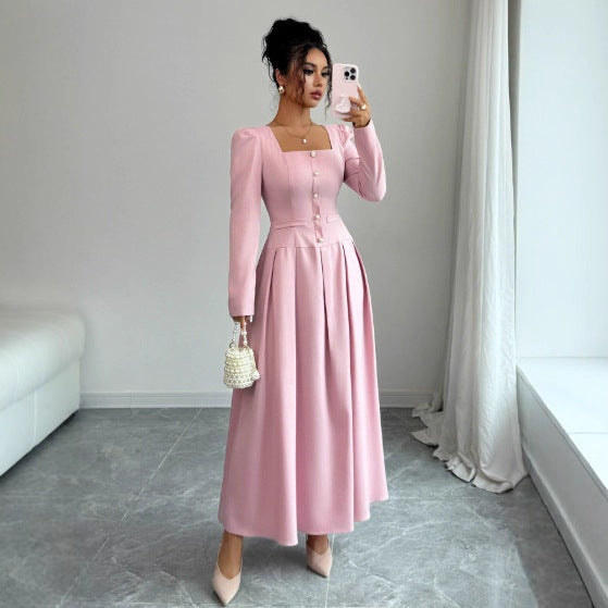 Women's Autumn Waist Slimming Elegant High-grade French Single-breasted Square Collar Dress