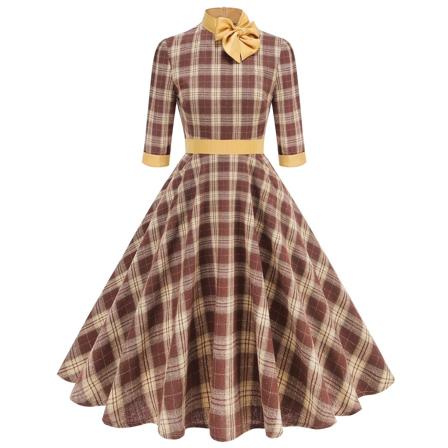 Plaid Turtleneck Three-quarter Sleeve Bow Tie Hepburn Style Retro High Dress