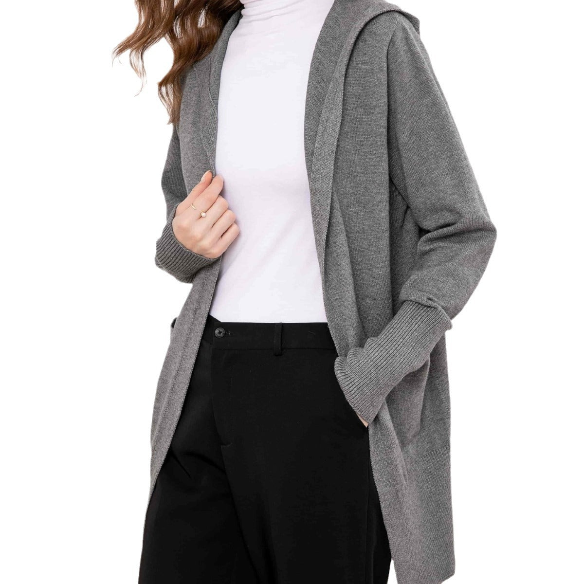 Women's V Loose Outer Wear Mid-length Outerwear Casual Simple Commute Hooded Sweater
