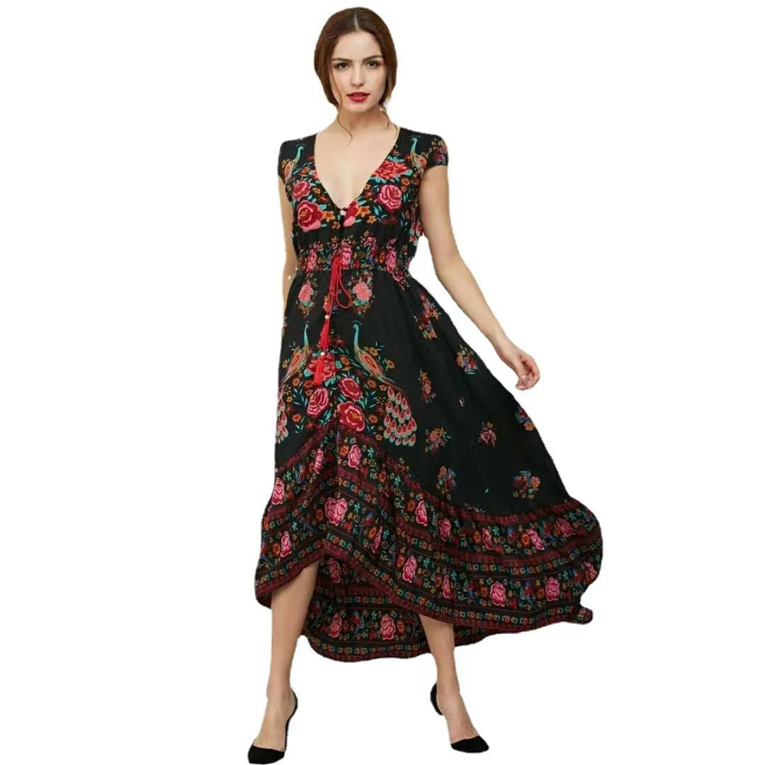 Bohemian Peacock Positioning Print Retro Design Dress