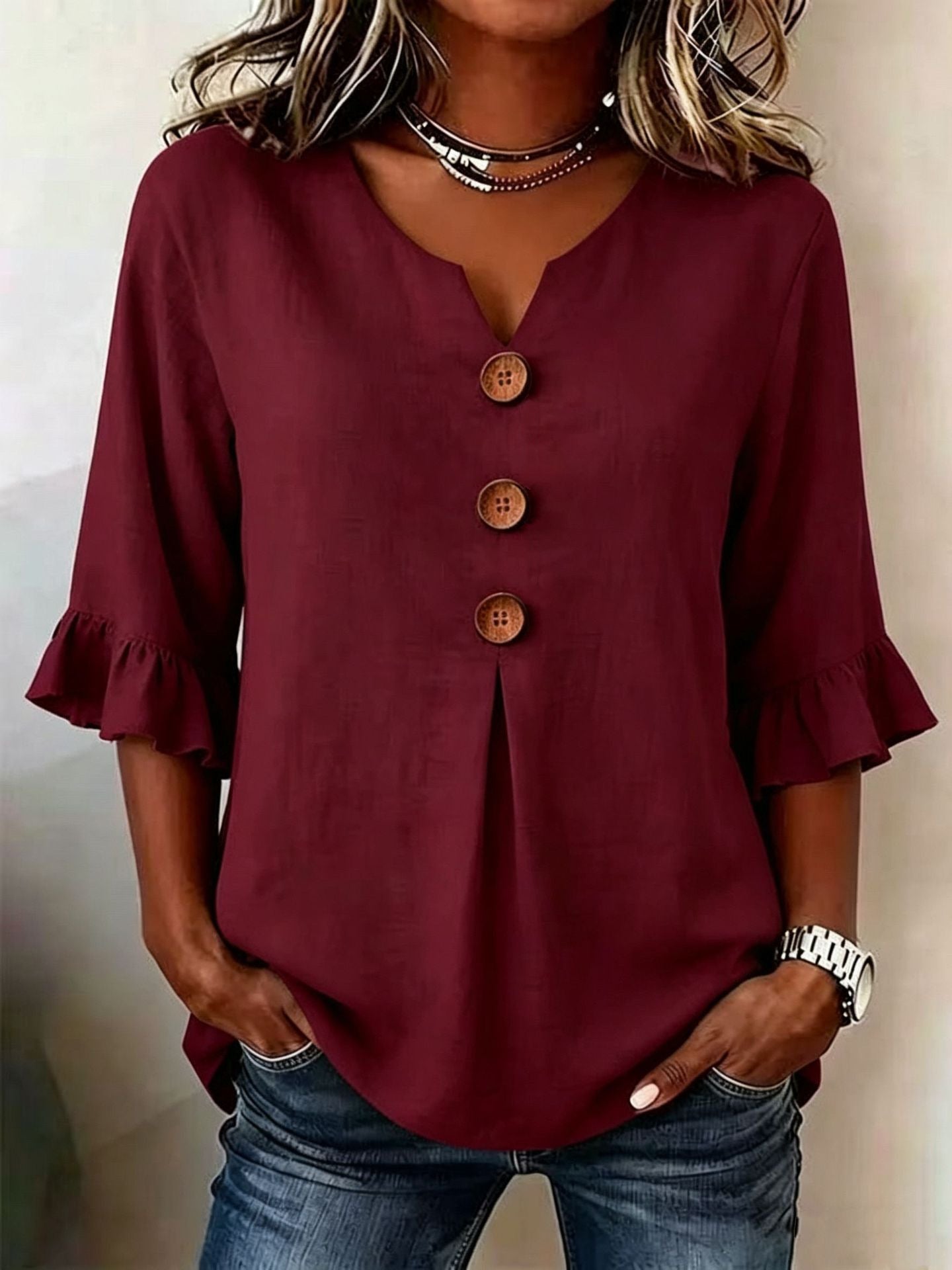 Women's Cotton Linen Large Buttons Ruffle Sleeve Dress