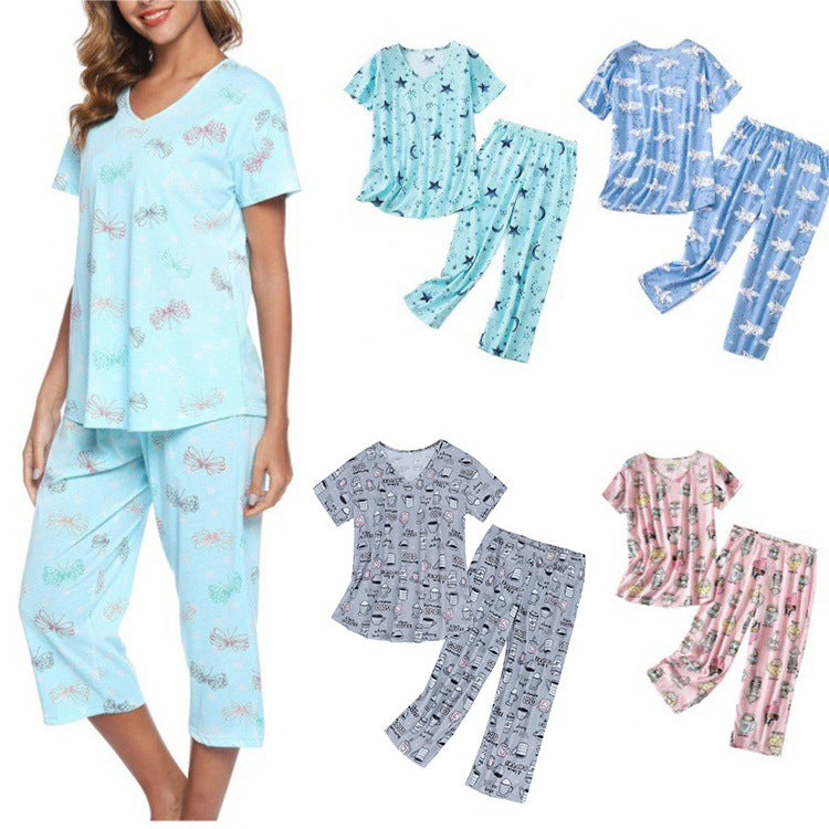 Women's Short-sleeved Cropped Knitted Cotton Home Wear Fashion Casual Suit